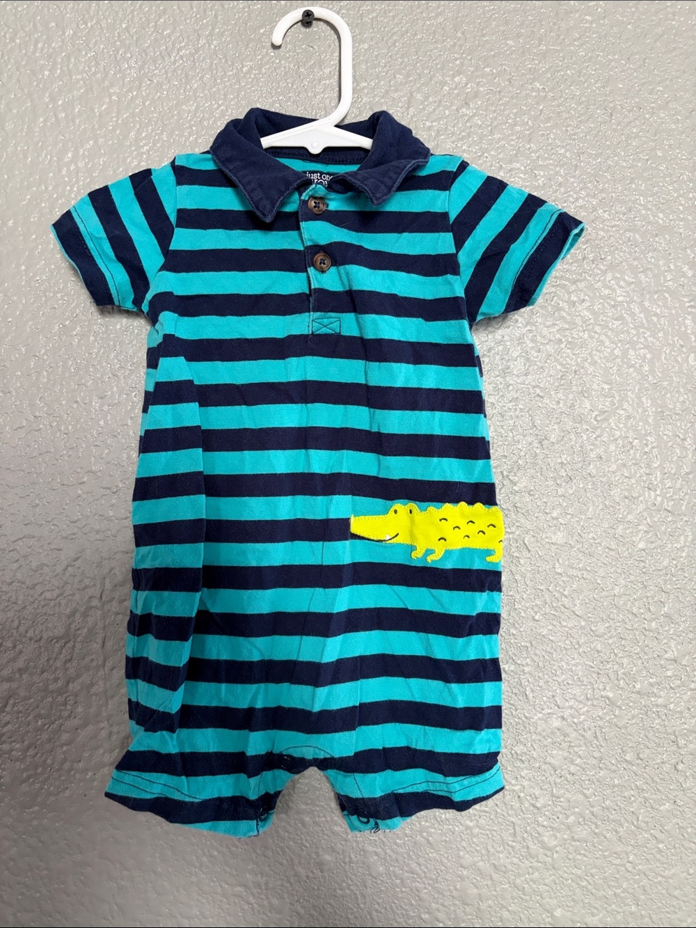 Striped Blue Teal Romper with Crocodile Applique